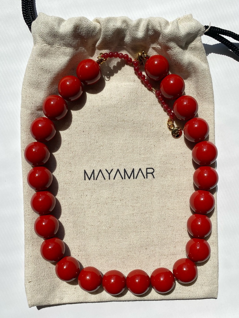 NEW Mayamar Red Agate Oval Chunky Pebble Bead Necklace Resin 18k Gold